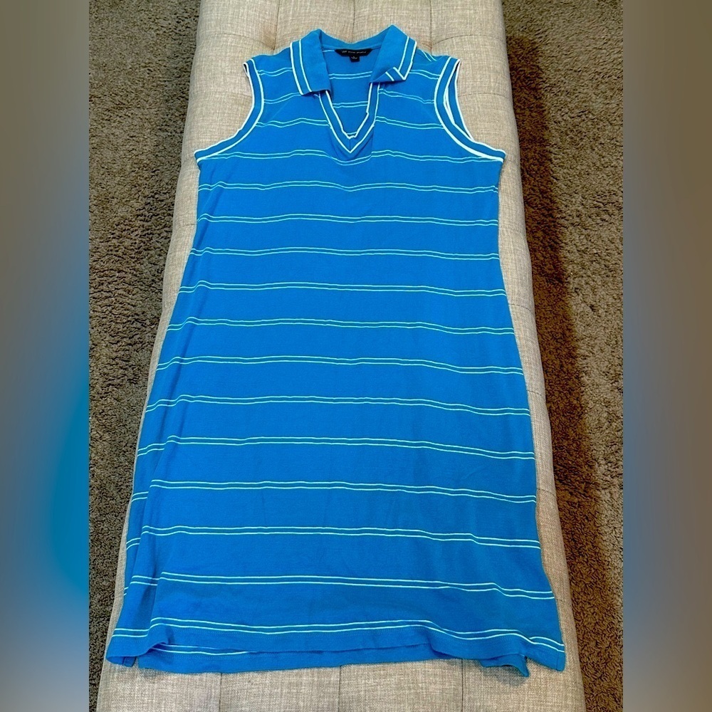 Brooks Brothers 346 Women’s Dress L Striped V-Neck Sleeveless Light Blue
